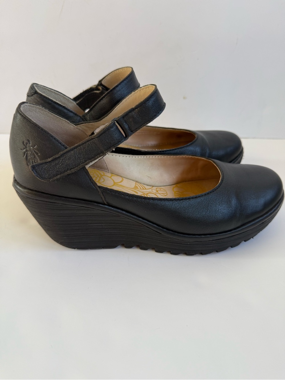 Fly London Black Leather Mary Jane Wedge Shoes Platform Pumps Comfort 7.5 / 38
